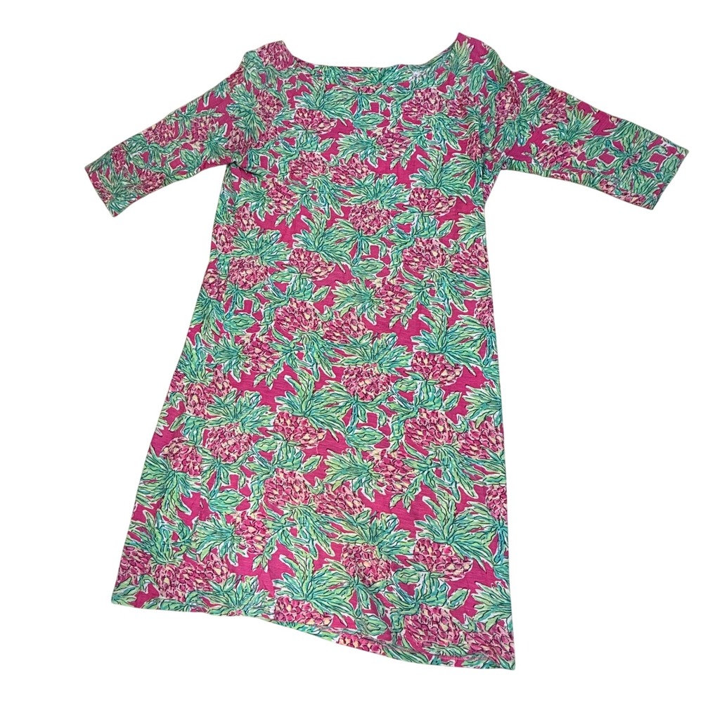 Lilly Pulitzer Brewster Dress Pink Green Pineapple Cotton 3/4 Sleeve Small 42225